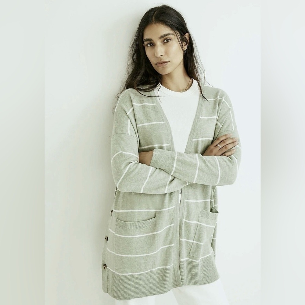Madewell | Marlton Striped Linen Blend Cardigan Sweater Button Details Beachy